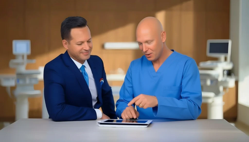 An implant dentist and anesthesiologist reviewing a patient case together on a tablet in a modern dental office.