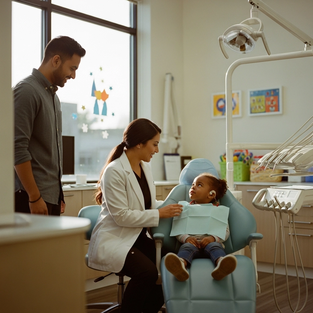 Child with parent and dental sedation team